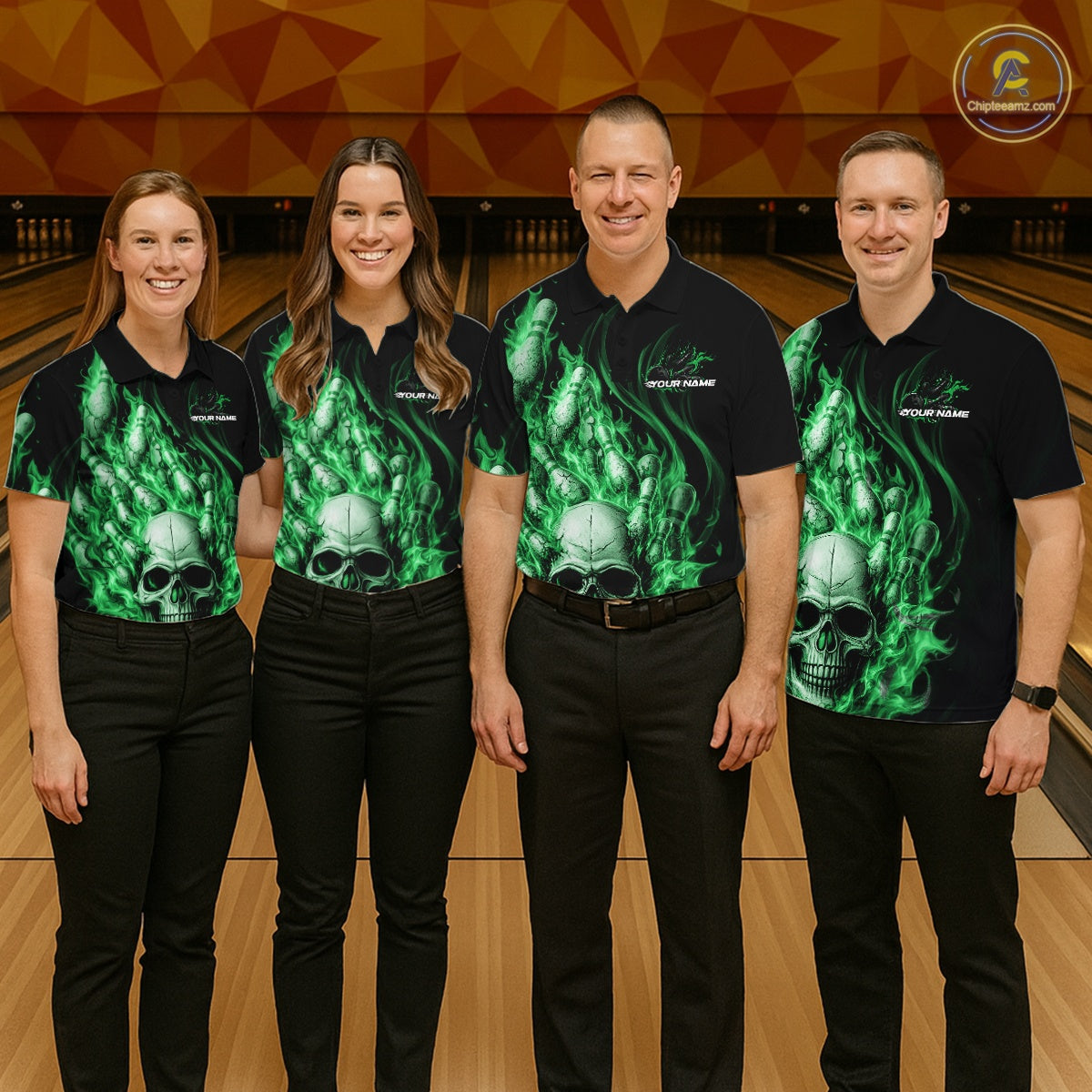 Custom Multi Styles Green Flame Skull Halloween Bowling Team Shirts, Bowling Tournament Shirt Bowling Jersey IPHW10442