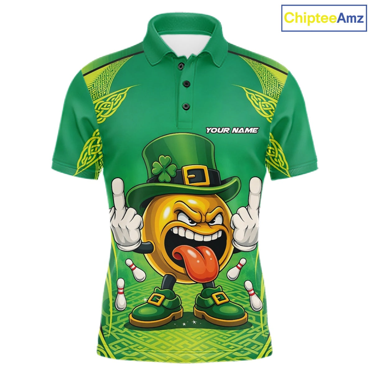 Custom Funny Leprechaun Bowling Ball St Patricks Day Bowling Shirts, Celtic Pattern Bowling Tournament Outfits IPHW10443
