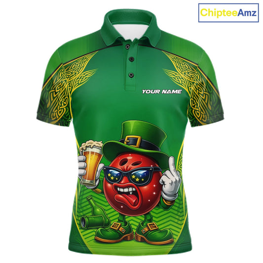 Custom Funny Leprechaun Bowling Ball And Beer St Patricks Day Bowling Shirts, Celtic Bowling Tournament Outfit IPHW10444