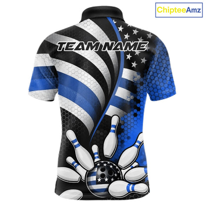 Custom Black And Blue US Flag Patriotic Bowling Shirts, Freedom Bowling Team League Shirt Bowler Jerseys IPHW10454