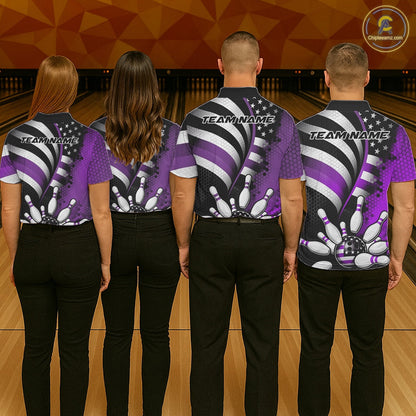 Custom Black And Purple US Flag Patriotic Bowling Shirts, Freedom Bowling Team League Shirt Bowler Jerseys IPHW10455
