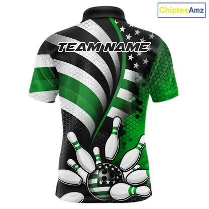 Custom Black And Green US Flag Patriotic Bowling Shirts, Freedom Bowling Team League Shirt Bowler Jerseys IPHW10456