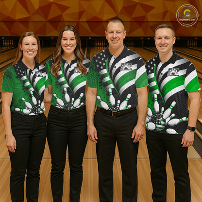 Custom Black And Green US Flag Patriotic Bowling Shirts, Freedom Bowling Team League Shirt Bowler Jerseys IPHW10456