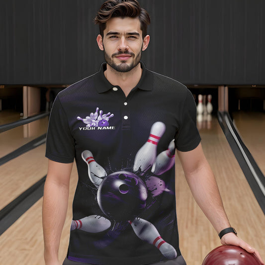 Custom Black And Purple Bowling Jerseys, Bowling League Polo Shirts For Men Team Uniform IPHW8561