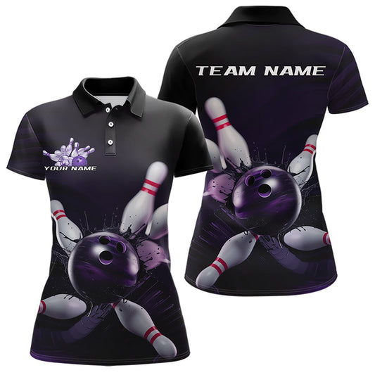 Custom Black And Purple Bowling Jerseys, Bowling League Polo Shirts For Women Team Uniform IPHW8561