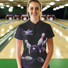 Load image into Gallery viewer, Custom Black And Purple Bowling Jerseys, Bowling League Womens Quarter-Zip Team Shirts IPHW8561