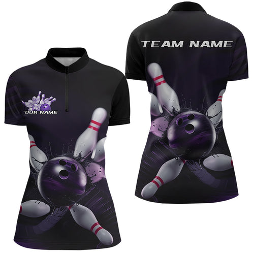 Custom Black And Purple Bowling Jerseys, Bowling League Womens Quarter-Zip Team Shirts IPHW8561