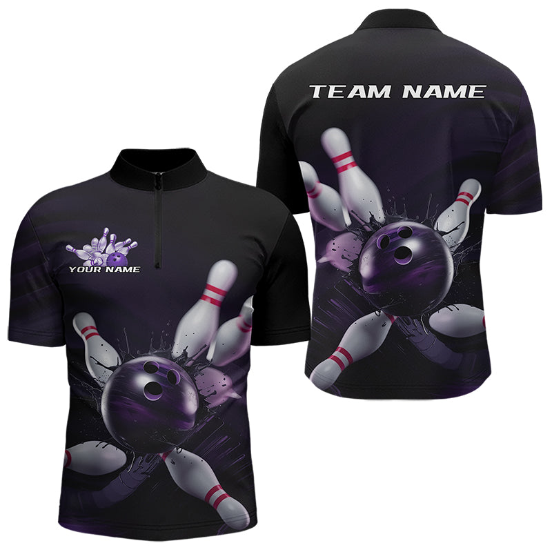Custom Black And Purple Bowling Jerseys, Bowling League Quarter-Zip Shirts For Men Team Uniform IPHW8561
