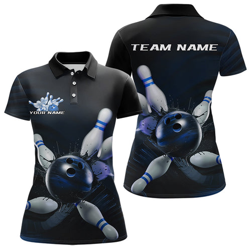 Custom Black And Blue Bowling Jerseys, Bowling League Polo Shirts For Women Team Uniform IPHW8562