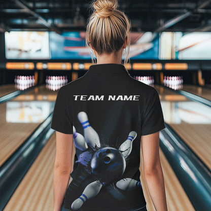 Custom Black And Blue Bowling Jerseys, Bowling League Womens Quarter-Zip Shirt Team Uniform IPHW8562