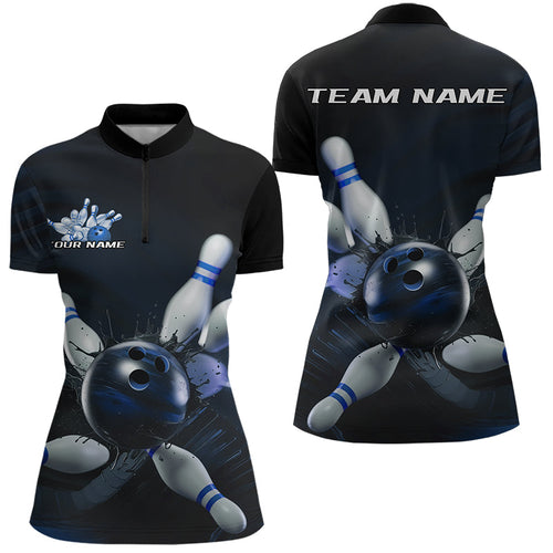 Custom Black And Blue Bowling Jerseys, Bowling League Womens Quarter-Zip Shirt Team Uniform IPHW8562