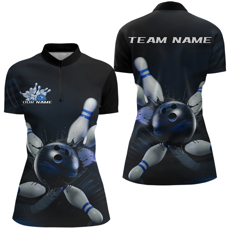Custom Black And Blue Bowling Jerseys, Bowling League Womens Quarter-Zip Shirt Team Uniform IPHW8562