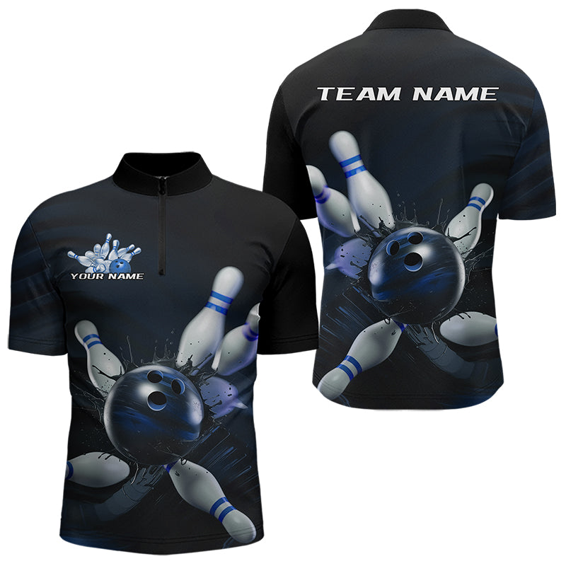 Custom Black And Blue Bowling Jerseys, Bowling League Quarter-Zip Shirts For Men Team Uniform IPHW8562