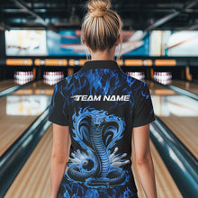 Load image into Gallery viewer, Custom Black And Blue Flame Cobra Snake Bowling Polo Shirts For Women, Bowling Team Uniform IPHW8568