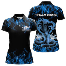 Load image into Gallery viewer, Custom Black And Blue Flame Cobra Snake Bowling Polo Shirts For Women, Bowling Team Uniform IPHW8568