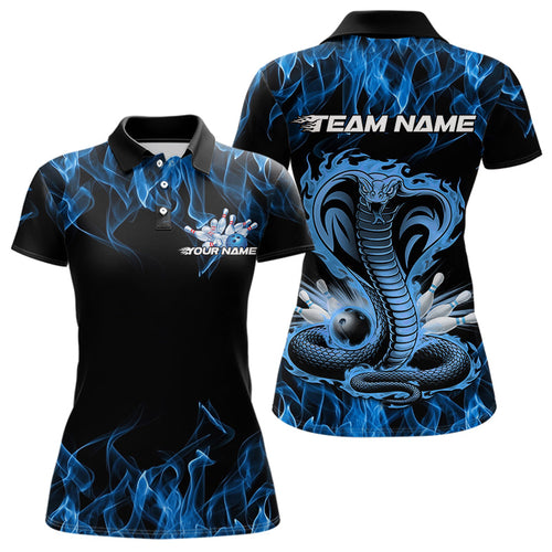 Custom Black And Blue Flame Cobra Snake Bowling Polo Shirts For Women, Bowling Team Uniform IPHW8568