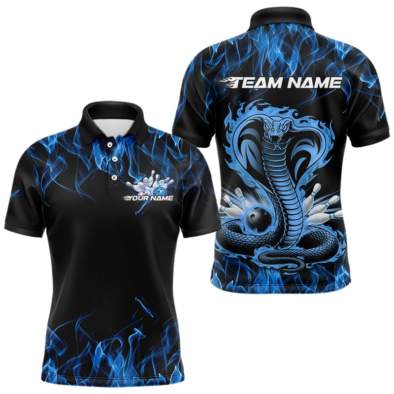 Custom Black And Blue Flame Cobra Snake Bowling Polo Shirts For Men, Bowling Team Uniform IPHW8568