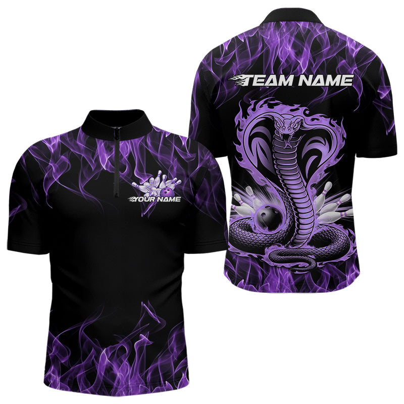 Custom Black And Purple Flame Cobra Snake Bowling Quarter-Zip Shirts For Men, Bowling Team Uniform IPHW8569