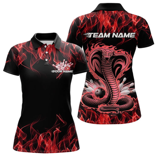 Custom Black And Red Flame Cobra Snake Bowling Polo Shirts For Women, Bowling Team Uniform IPHW8570