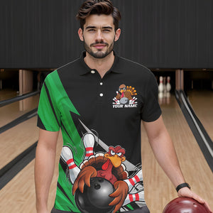 Black And Green Custom Funny Turkey Thanksgiving Bowling Team Polo Shirts For Men IPHW8876