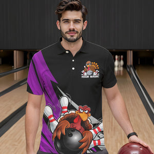 Black And Purple Custom Funny Turkey Thanksgiving Bowling Team Polo Shirts For Men IPHW8877