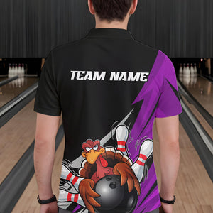 Black And Purple Custom Funny Turkey Thanksgiving Bowling Team Polo Shirts For Men IPHW8877