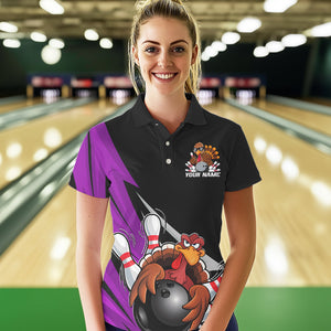 Black And Purple Custom Funny Turkey Thanksgiving Bowling Team Polo Shirts For Women IPHW8877