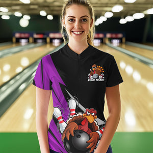 Black And Purple Custom Funny Turkey Thanksgiving Bowling Team Quarter-Zip Shirts For Women IPHW8877