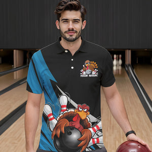 Black And Blue Custom Funny Turkey Thanksgiving Bowling Team Polo Shirts For Men IPHW8878