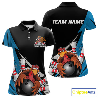 Black And Blue Custom Funny Turkey Thanksgiving Bowling Team Polo Shirts For Women IPHW8878