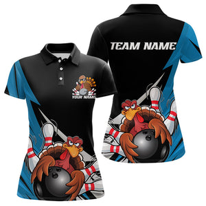 Black And Blue Custom Funny Turkey Thanksgiving Bowling Team Polo Shirts For Women IPHW8878