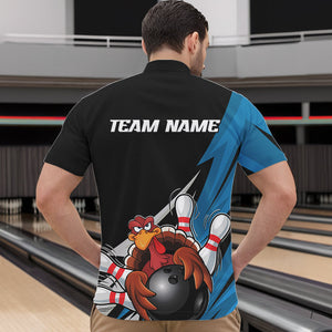 Black And Blue Custom Funny Turkey Thanksgiving Bowling Team Quarter-Zip Shirts For Men IPHW8878