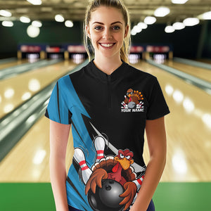 Black And Blue Custom Funny Turkey Thanksgiving Bowling Team Quarter-Zip Shirts For Women IPHW8878