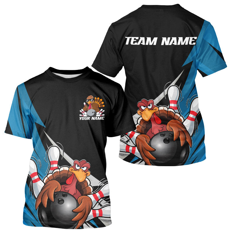 Black And Blue Custom Funny Turkey Thanksgiving Bowling Team T-Shirts For Men IPHW8878