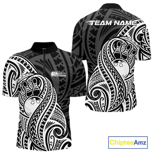 Custom Black And White Maori Style Koru Spiral Tribal Men Bowling Quarter-Zip Team Shirt IPHW10949