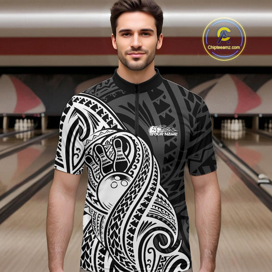 Custom Black And White Maori Style Koru Spiral Tribal Men Bowling Quarter-Zip Team Shirt IPHW10949