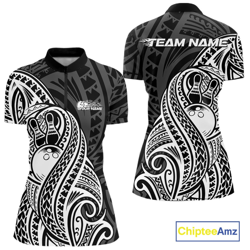 Custom Black And White Maori Style Koru Spiral Tribal Women Bowling Quarter-Zip Shirt IPHW10949