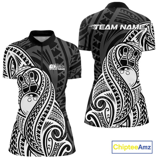 Custom Black And White Maori Style Koru Spiral Tribal Women Bowling Quarter-Zip Shirt IPHW10949