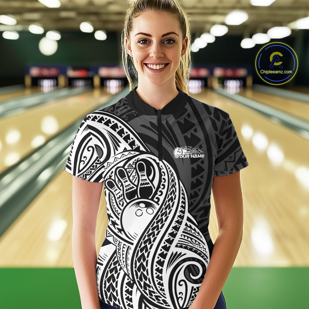 Custom Black And White Maori Style Koru Spiral Tribal Women Bowling Quarter-Zip Shirt IPHW10949