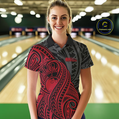 Custom Black And Red Maori Style Koru Spiral Tribal Women Bowling Polo Team Shirt IPHW10950