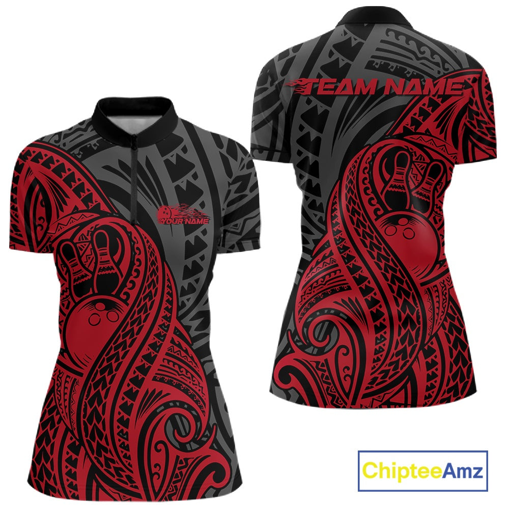 Custom Black And Red Maori Style Koru Spiral Tribal Women Bowling Quarter-Zip Team Shirt IPHW10950
