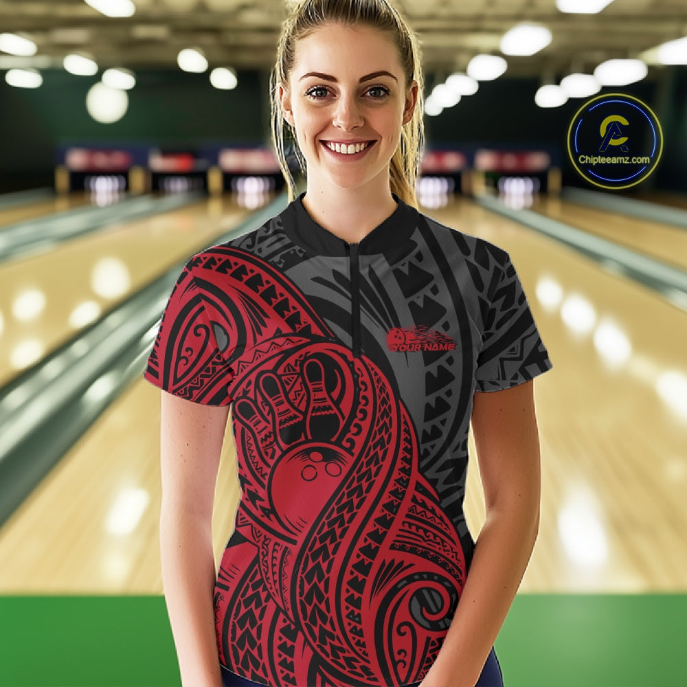 Custom Black And Red Maori Style Koru Spiral Tribal Women Bowling Quarter-Zip Team Shirt IPHW10950