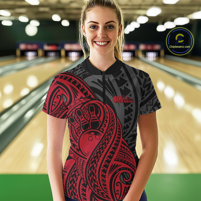 Custom Black And Red Maori Style Koru Spiral Tribal Women Bowling Quarter-Zip Team Shirt IPHW10950