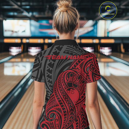 Custom Black And Red Maori Style Koru Spiral Tribal Women Bowling Quarter-Zip Team Shirt IPHW10950