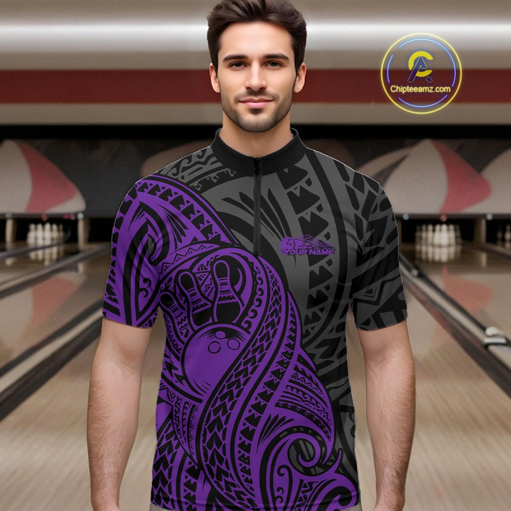Custom Black And Purple Maori Style Koru Spiral Tribal Men Bowling Quarter-Zip Team Shirt IPHW10951