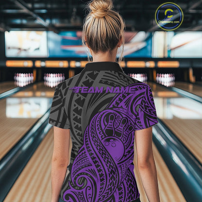Custom Black And Purple Maori Style Koru Spiral Tribal Women Bowling Quarter-Zip Shirt IPHW10951