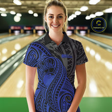 Load image into Gallery viewer, Custom Black And Blue Maori Style Koru Spiral Tribal Women Bowling Polo Team Shirt IPHW10952