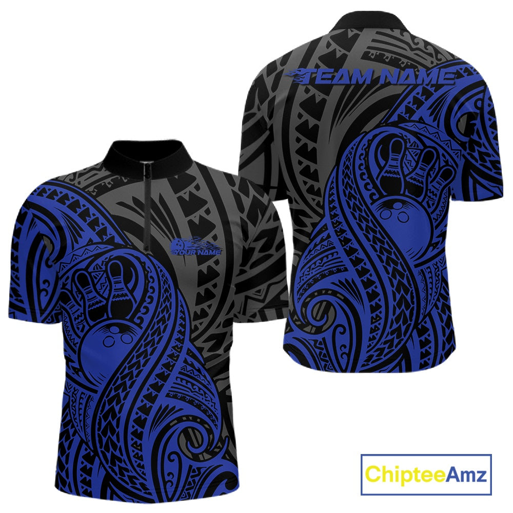 Custom Black And Blue Maori Style Koru Spiral Tribal Men Bowling Quarter-Zip Team Shirt IPHW10952