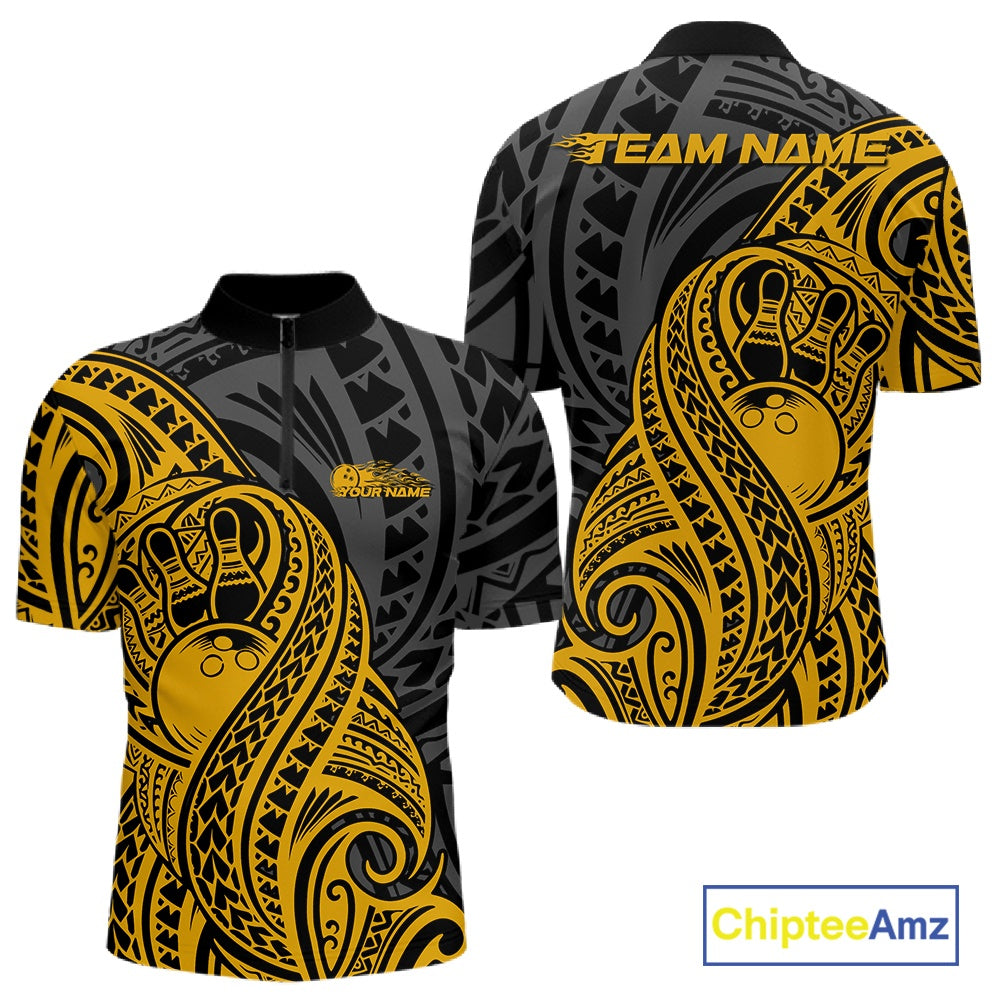 Black and yellow bowling quarter zip shirt featuring tribal pattern bowling ball and pins graphic design