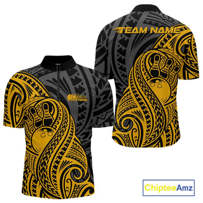 Black and yellow bowling quarter zip shirt featuring tribal pattern bowling ball and pins graphic design